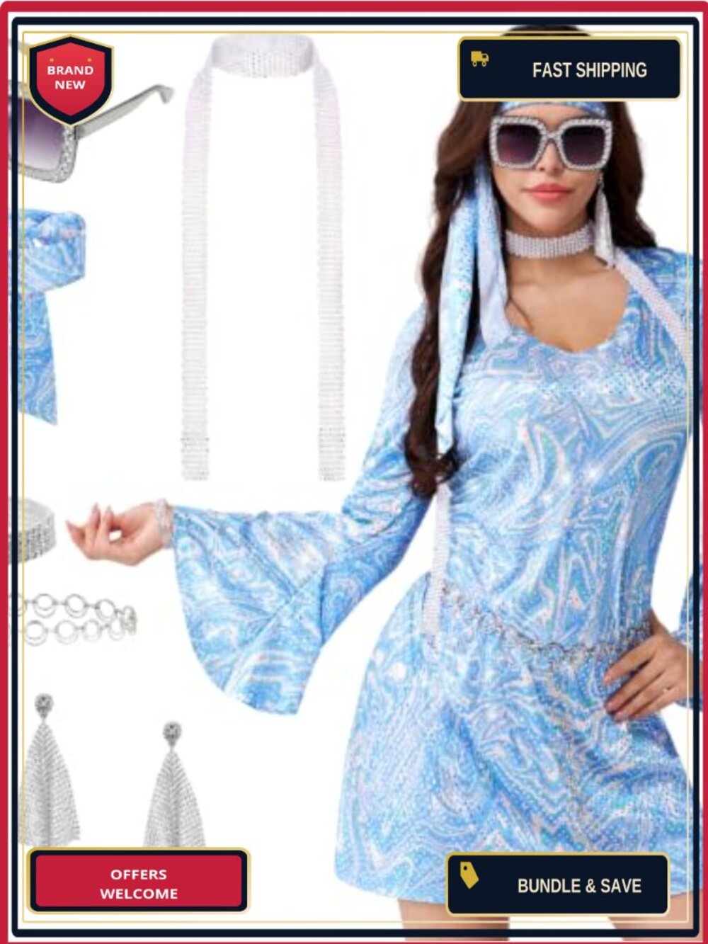 70s Disco Outfit for Women Halloween Costume Dress with Accessories